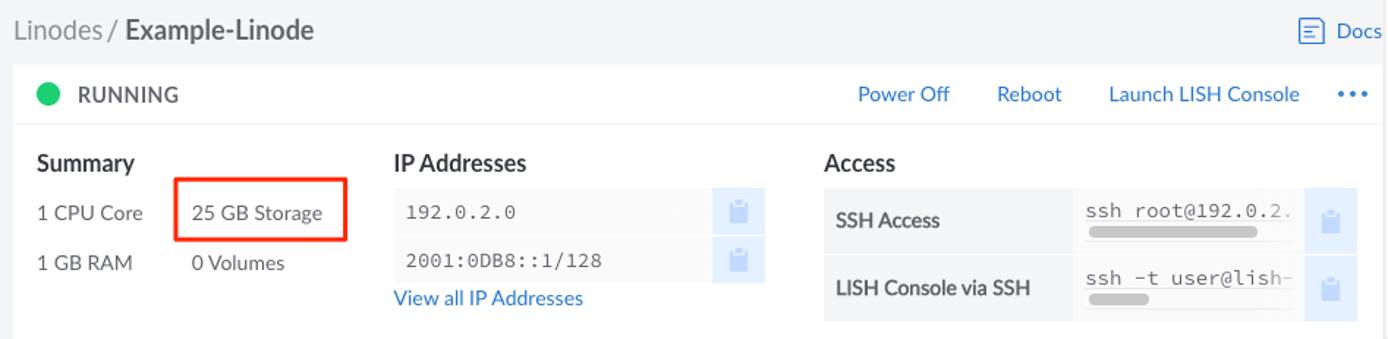 Viewing the total storage on a Linode