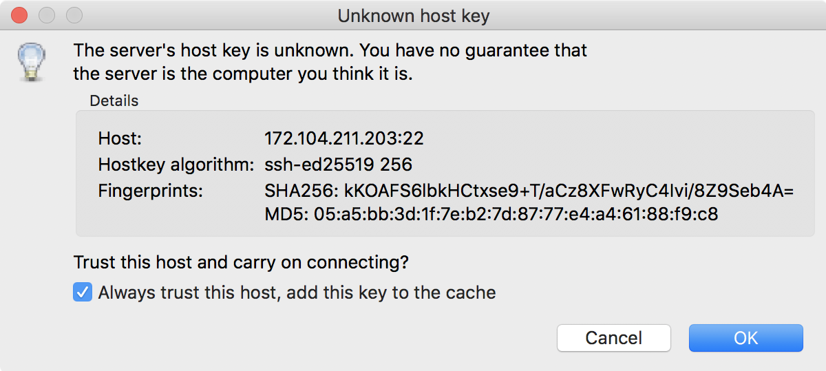 FileZilla unknown SSH host key