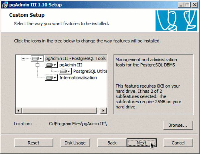 pgAdmin on Windows installer feature selection dialog