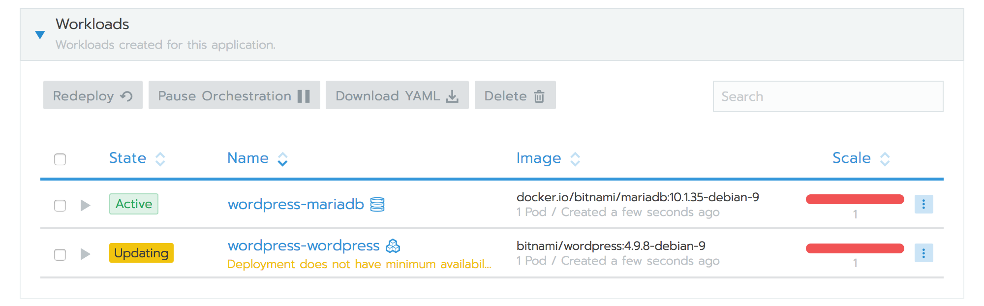 Rancher app detail view - Workloads section