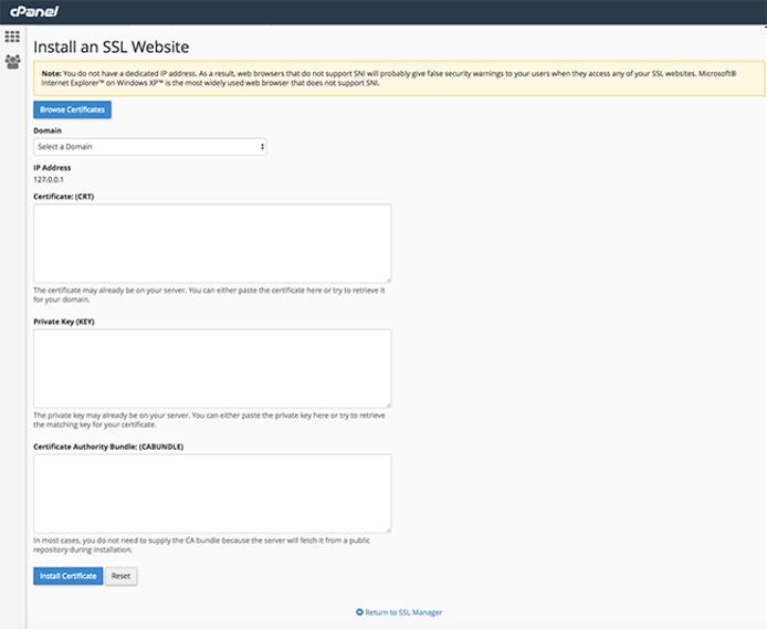 cPanel Install SSL form.