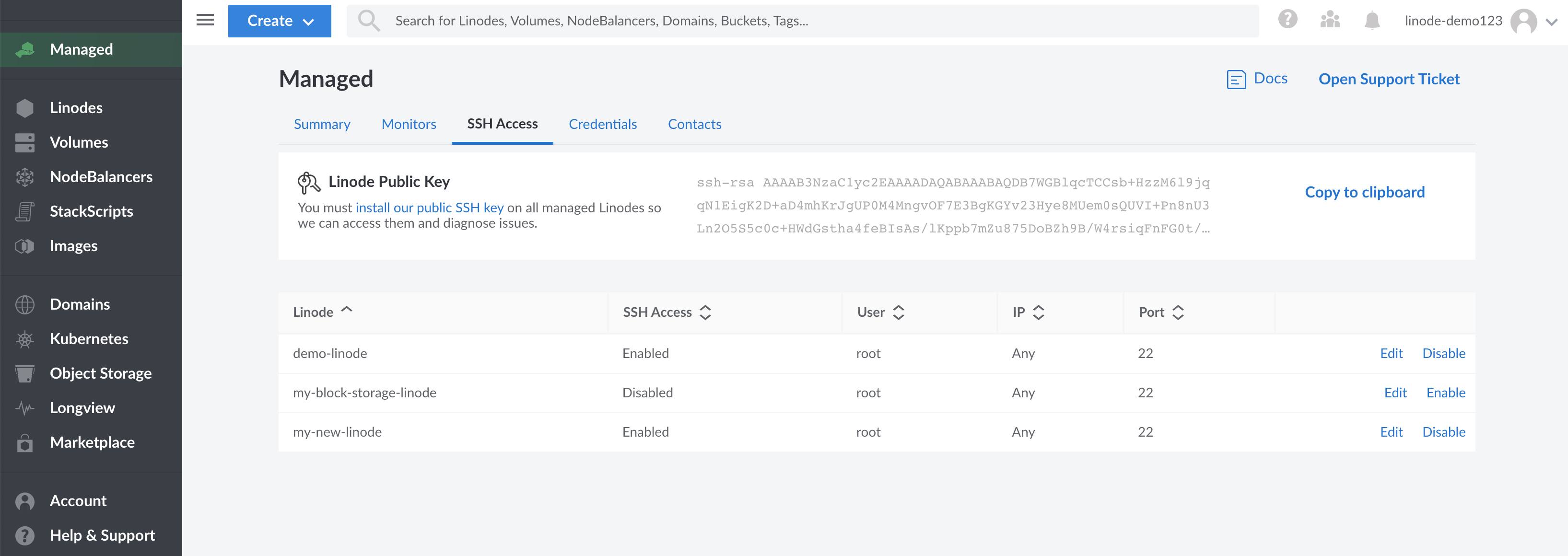 Linode Managed SSH Settings