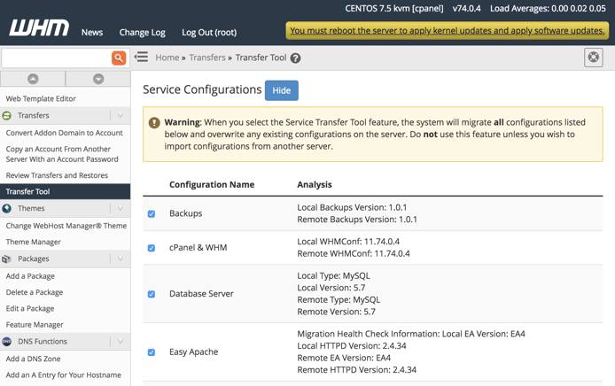 WHM Transfer Tool Service Configurations Form