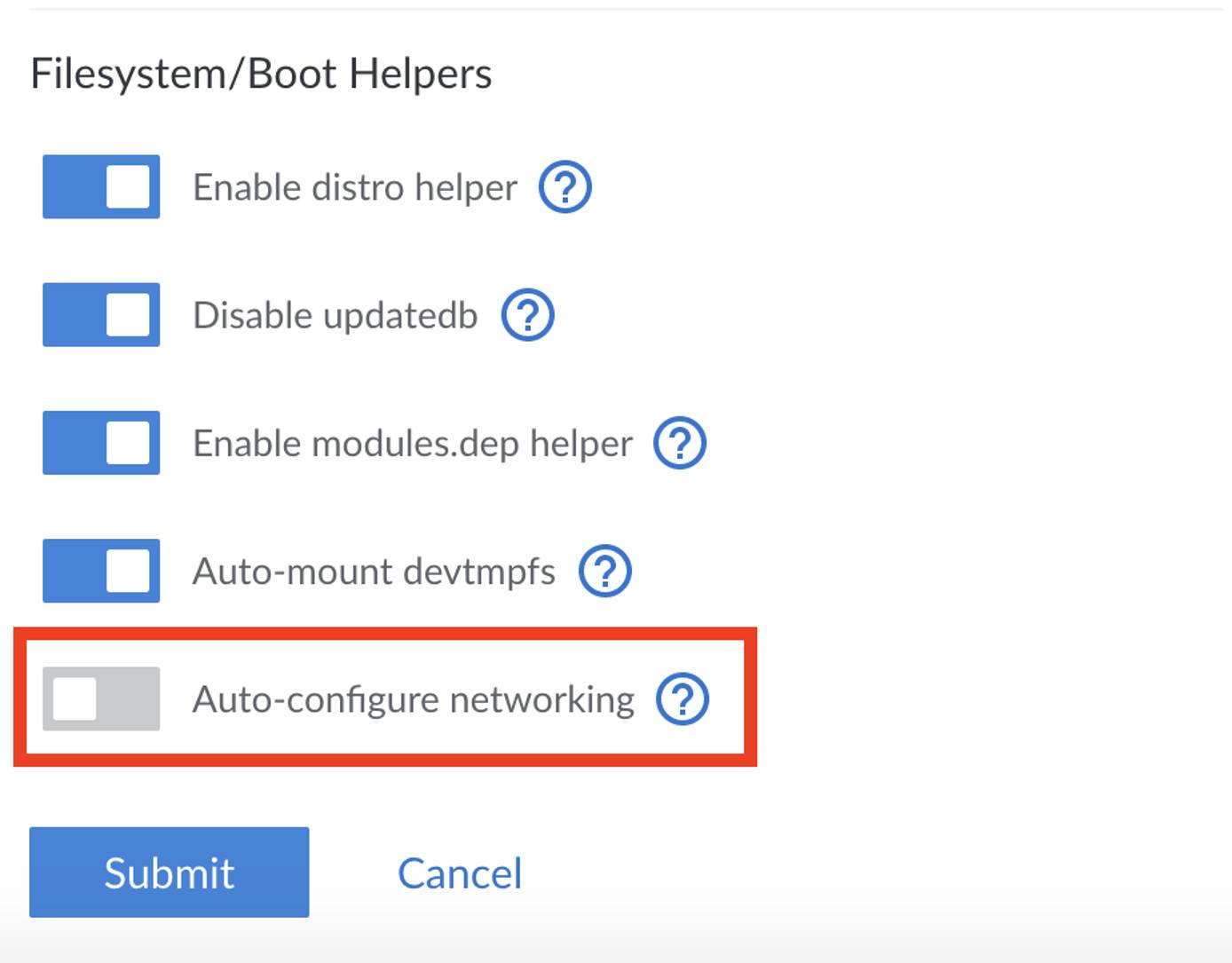 Toggle the &lsquo;auto-configure networking&rsquo; box