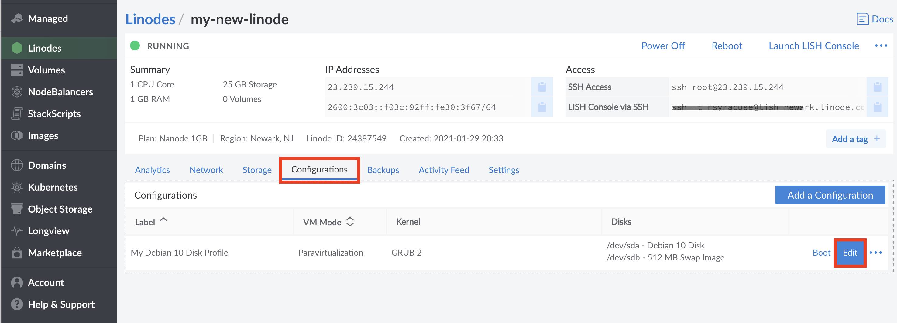 Navigate to the Linode&rsquo;s Settings page