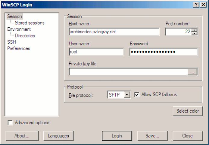 WinSCP session login screen.