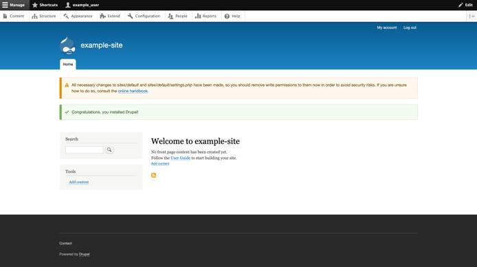 You will be brought to your Drupal site&rsquo;s admin panel where you can begin building your Drupal site.